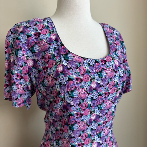 VINTAGE PINK/PURPLE WATERCOLOR FLORAL MINI DRESS - Picture 3 of 10